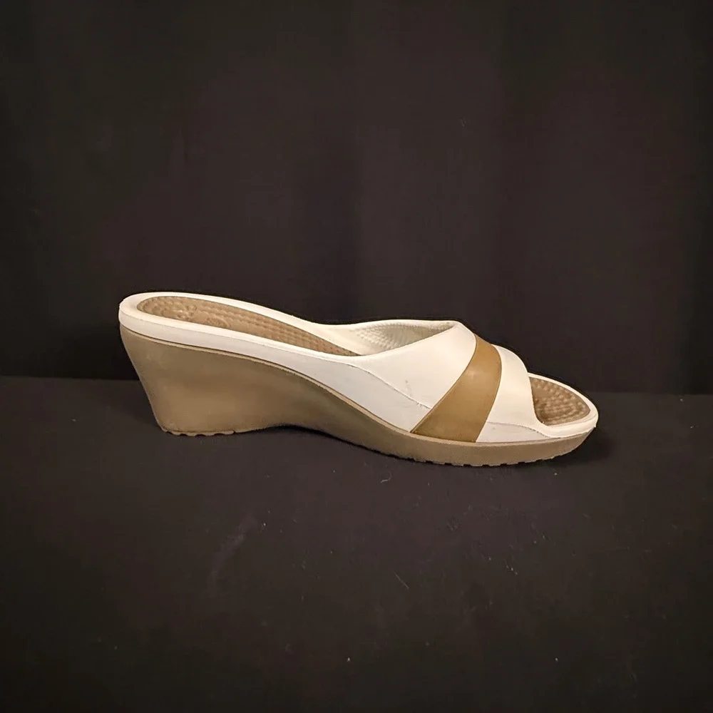 Crocs Sassari Wedge Slide Sandals Slip On Mules Heels White Tan Khaki Womens 10